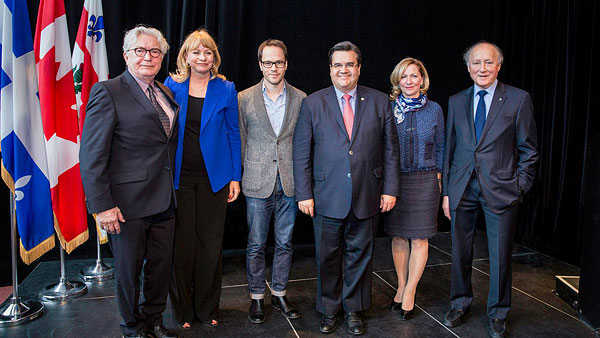 Lancement du CMIM, édition Chant 2015: Winston McQuade (voix officielle), Marie-Claude Lavallée (porte-parole), Johannes Debus (chef d'orchestre invité), Denis Coderre (Maire de Montréal), Christiane LeBlanc (Executive et Directrice artistique) et André Bourbeau (Président du CMIM et Président du jurie) – photo: courtoisie